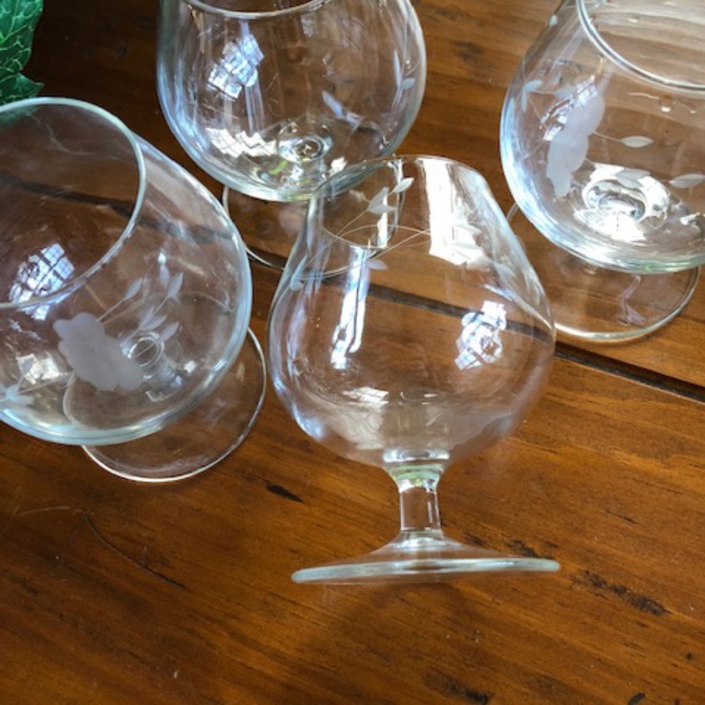 Hardly used etched brandy glasses